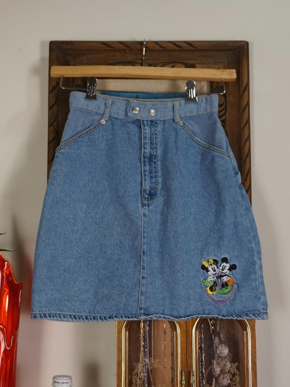 Vintage Mickey & Co Disney denim high rise embroidered pencil skirt